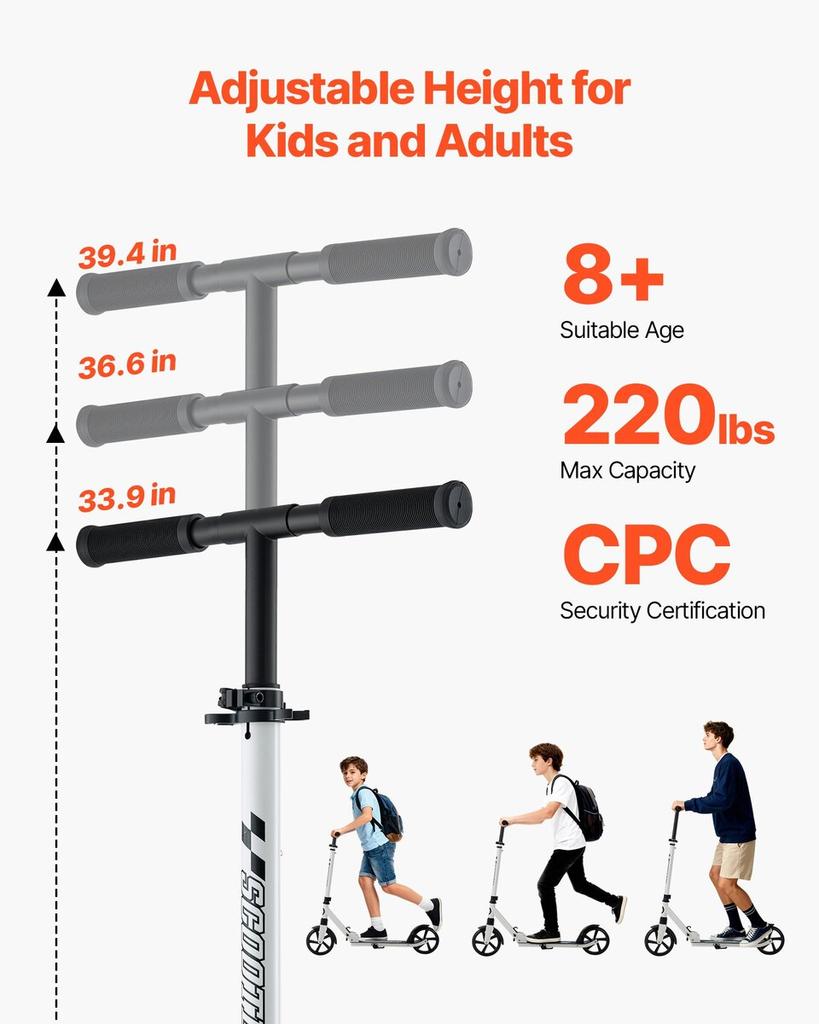 Kick Scooter for Kids Ages 8+, Teens & Adults, 2-Wheel Toddler Scooter with Adjustable Height Handlebar, Wide Anti-Slip Deck, Foldable Lightweight for