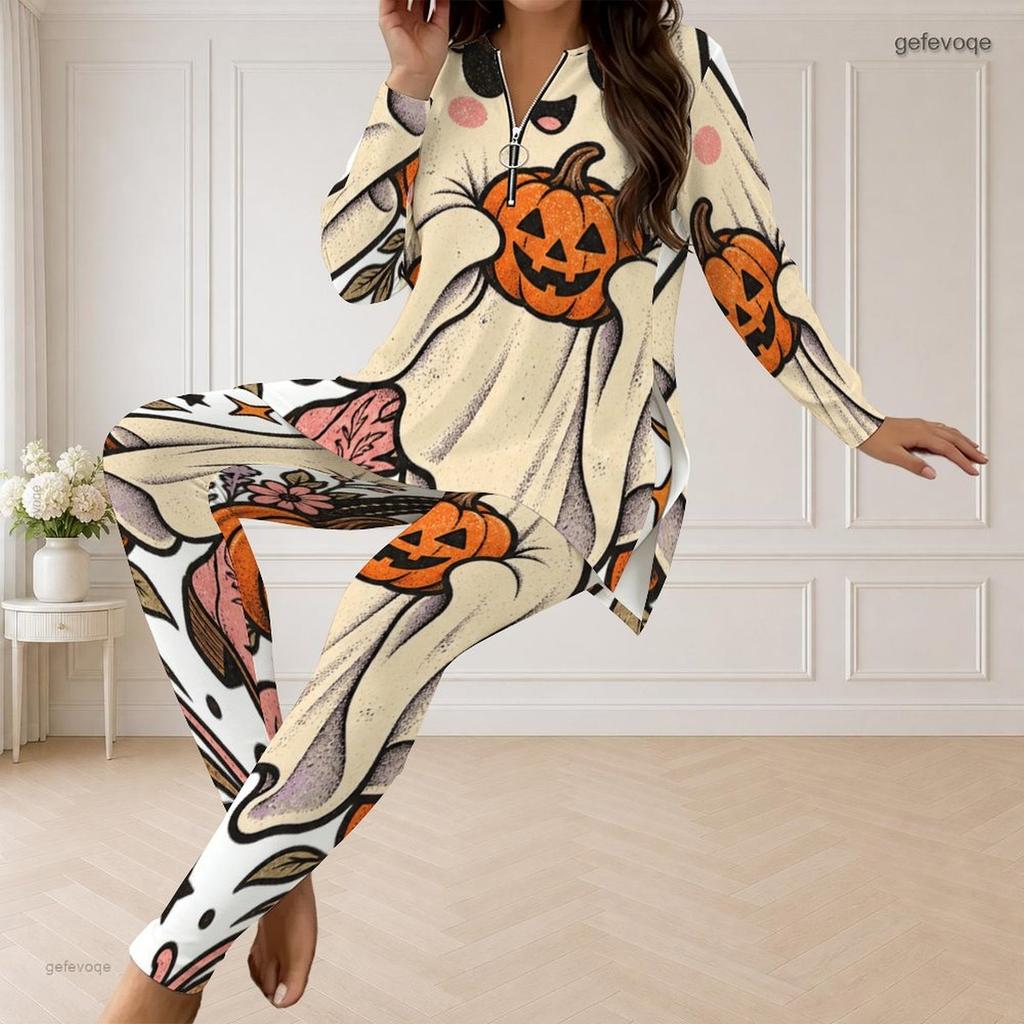 Women Plus Size Halloween Printed Half Zip Long Sleeve Longline Top And Fitted Pants Two Piece Set