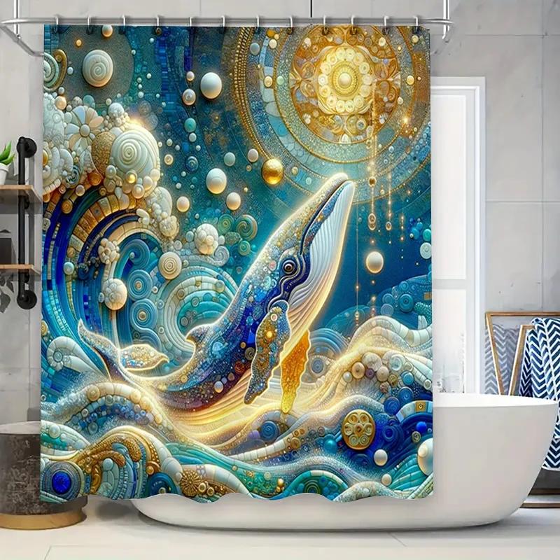 Fancy Blue Whale Shower Curtain Decorative Pattern Print Bathroom Liner for Home Decoration (Blue Gold) W90xH180cm