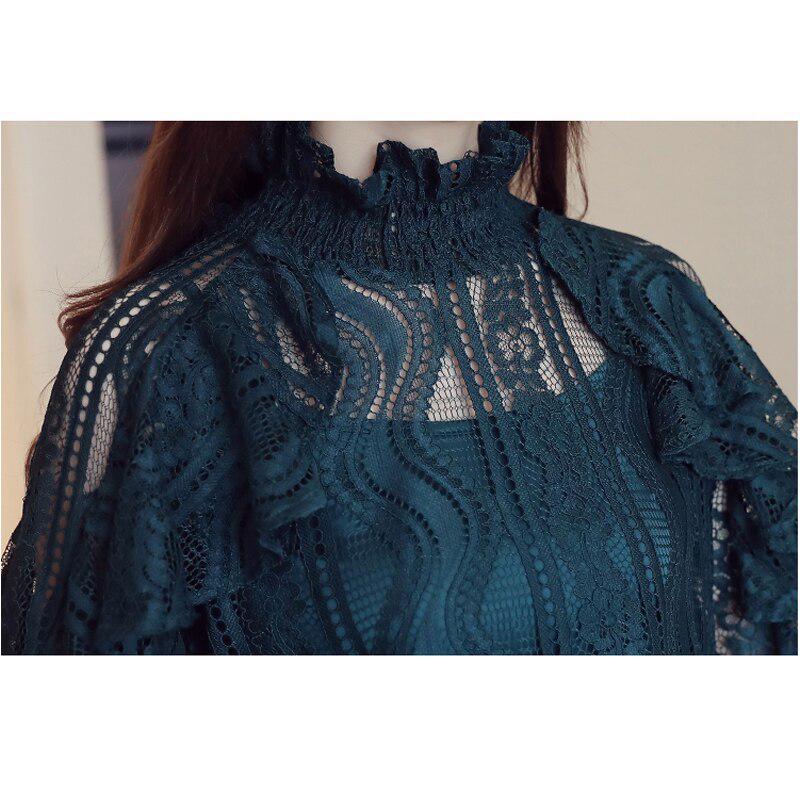 Hollow Out Volán Krajka Halenka s devítičtvrtečními rukávy Košile 2023 Dámské Oblečení Květinové Dámské Halenky Dámské topy Elegantní