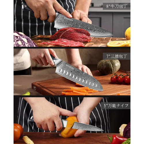 MOSFiATA 3-Piece Knife Set - [203mm Gyuto Knife, 178mm Santoku Knife, 126mm Petty Knife] Damascus + VG10 with Finger Protection - Multi-Purpose Cookwa