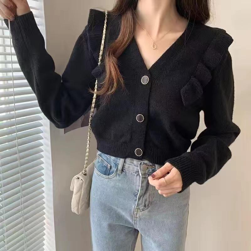 

Осень и зима новый короткий вязаный кардиган свитер женская мода дизайн с оборками универсальный V-образный вырез однотонный тонкий кардиган One Size