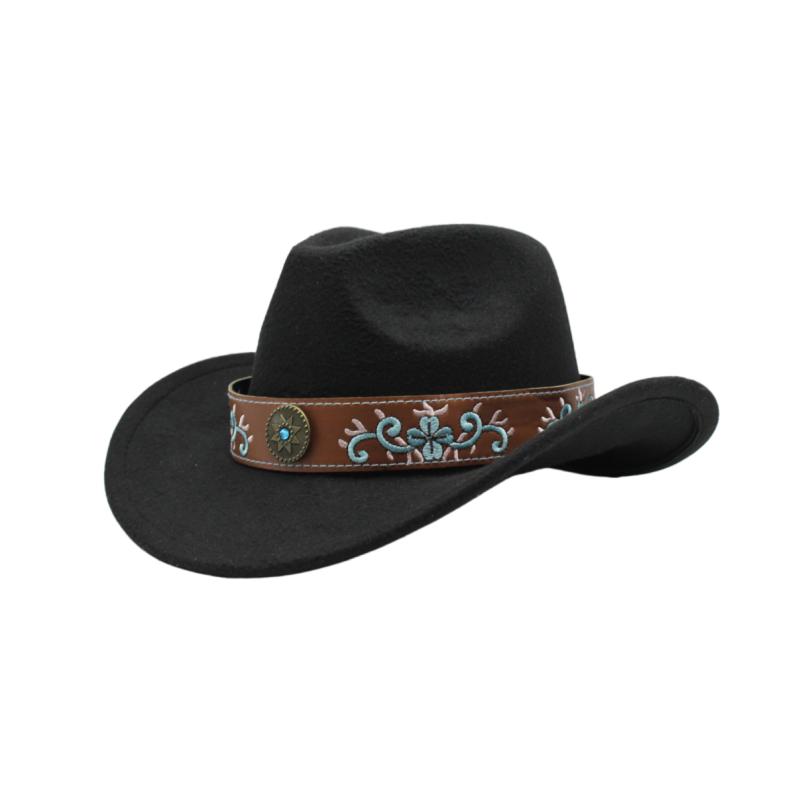 Women Fedora Hat Ethnic Style Embroidered Bullhead Western Cowboy Upturned Brim Hat Fashionable Pure Color Jazz Hat 57