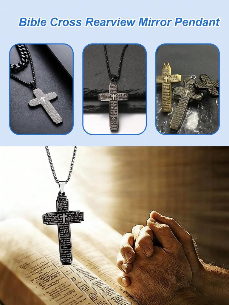 1 Ciondolo per Auto Croce Cristiana in Acciaio Inossidabile - Versetto Biblico Preghiera del Signore, Semplice Ornamento Religioso per Specchietto Retrovisore, Regalo per la Fede