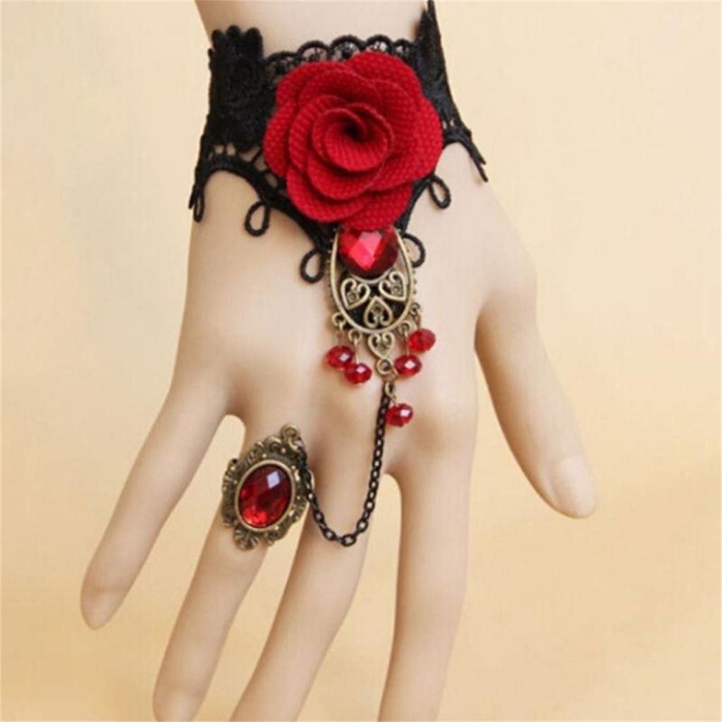 Gotisches Schwarzes Spitzenarmband und Ring Set Vintage Viktorianisches Punk Schmuck für Damen