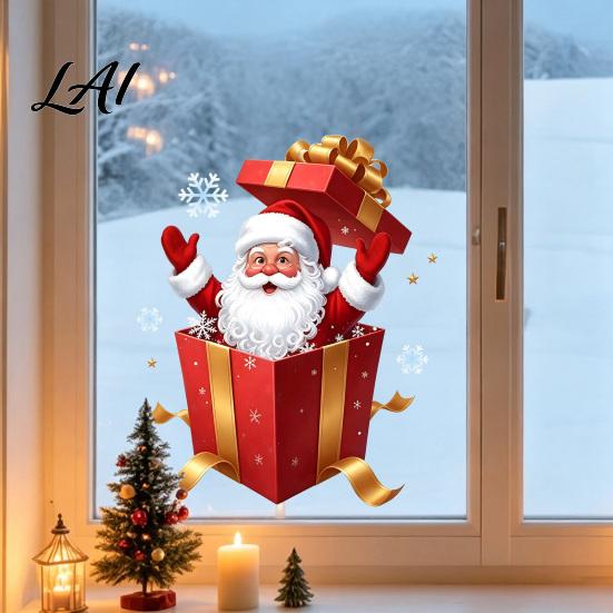 Holiday Glass Decals Santa Gift Box Sticker Christmas Static Window Decal Removable Waterproof Claus Decorations PVC Decal for Doors Windows,