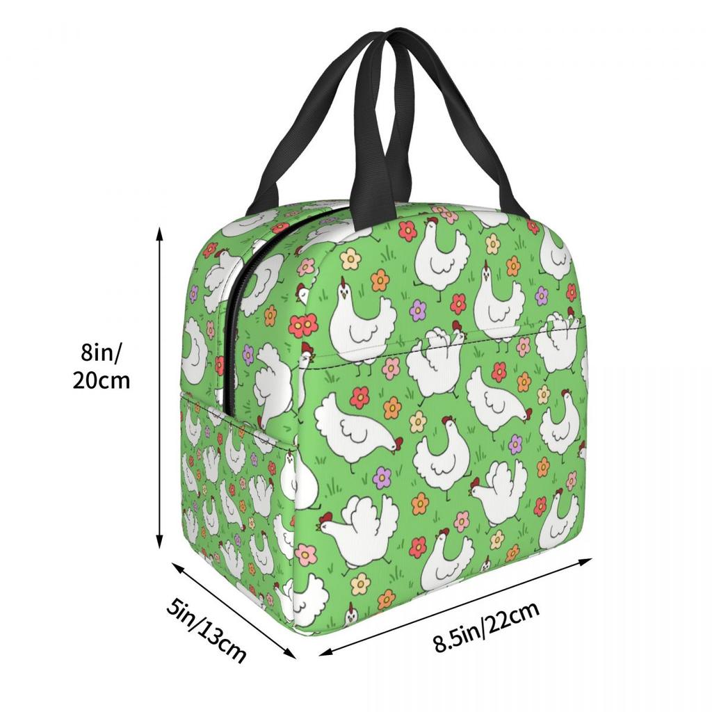 White Chickens And Floral Insulated Lunch Bag for Women Office Cooler Thermal Food Box Tote Portable Lunch Boxes Container