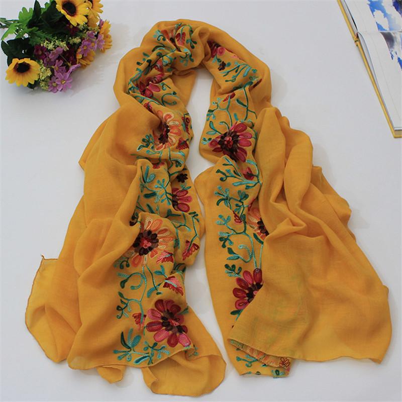 Women Cotton Viscose Shawl Plain Embroider Floral Turban Style Pashmina Wrap Thick Sun Protection Summer Soft Shawl 180*90Cm
