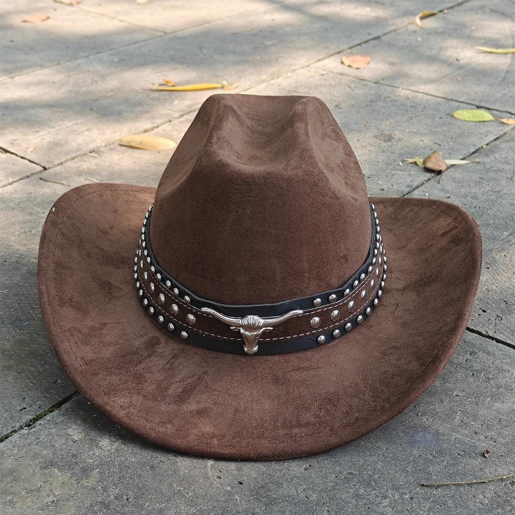 Retro Suede Leather Western Cowboy Fedora Hat For Men Women Bull Head Accessories Fashion Travel Party Hat Denim Hat Sombrero