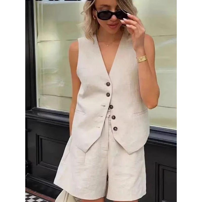 Sleeveless Vest and Hot Pants Set Solid Sleeveless Vest Vest Hot Pants Set