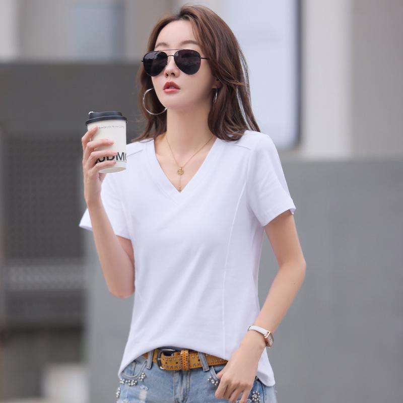 Korean Style V-Neck Cotton Short Sleeve Women's T-Shirt, Solid Color, Loose Fit, Plus Size, Spring/Summer Collection