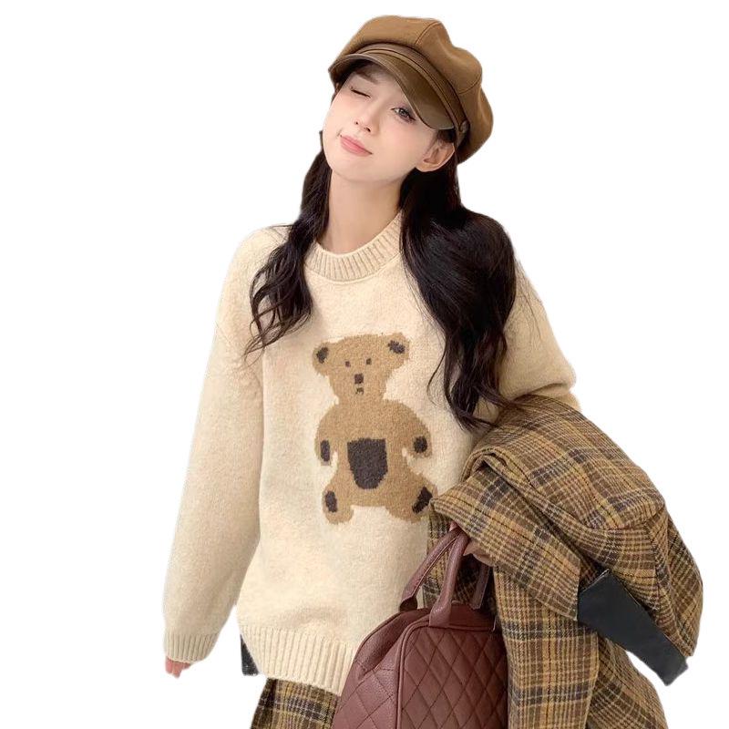 Women's Retro Teddy Bear Knit Sweater – Lazy Style Crew Neck, Long Sleeves, Winter Wear