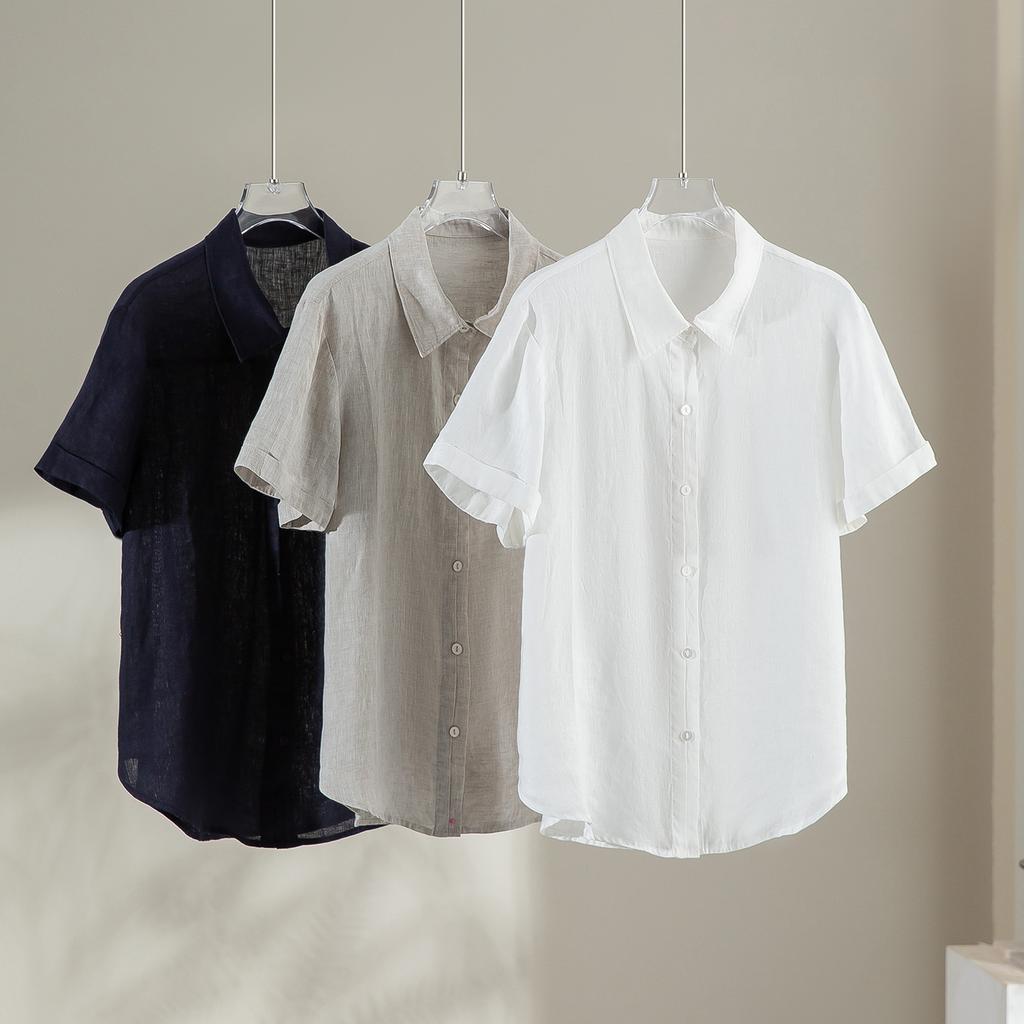 1116 Summer New 111% Linen Lapel Short Sleeve Loose Shirt Skinny Versatile Simple Korean Top Women's Clothing