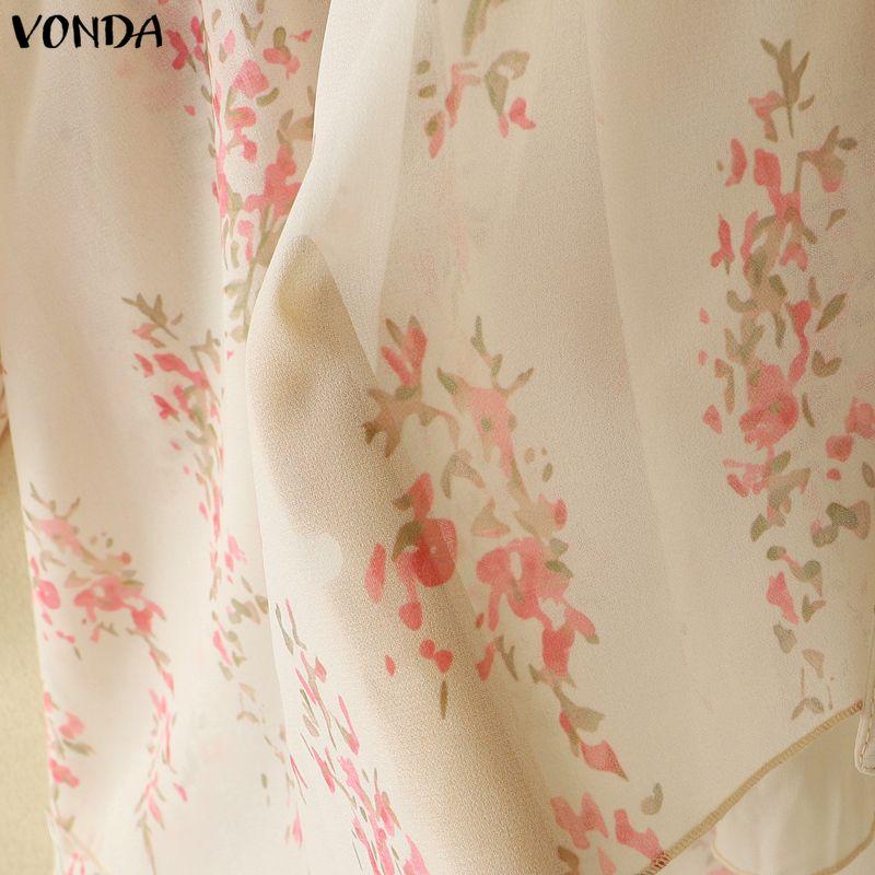 VONDA Womens Bohemian Floral Print V Neck Blouse Long Sleeve Semi-Sheer Irregular Layered Ruffled Tops