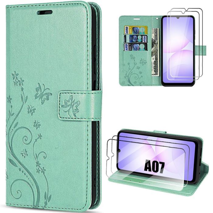 Coque de Protection - BOOLING - Samsung Galaxy A07 - Effet Cuir Vert Motif Papillon - 2 Verre Trempé