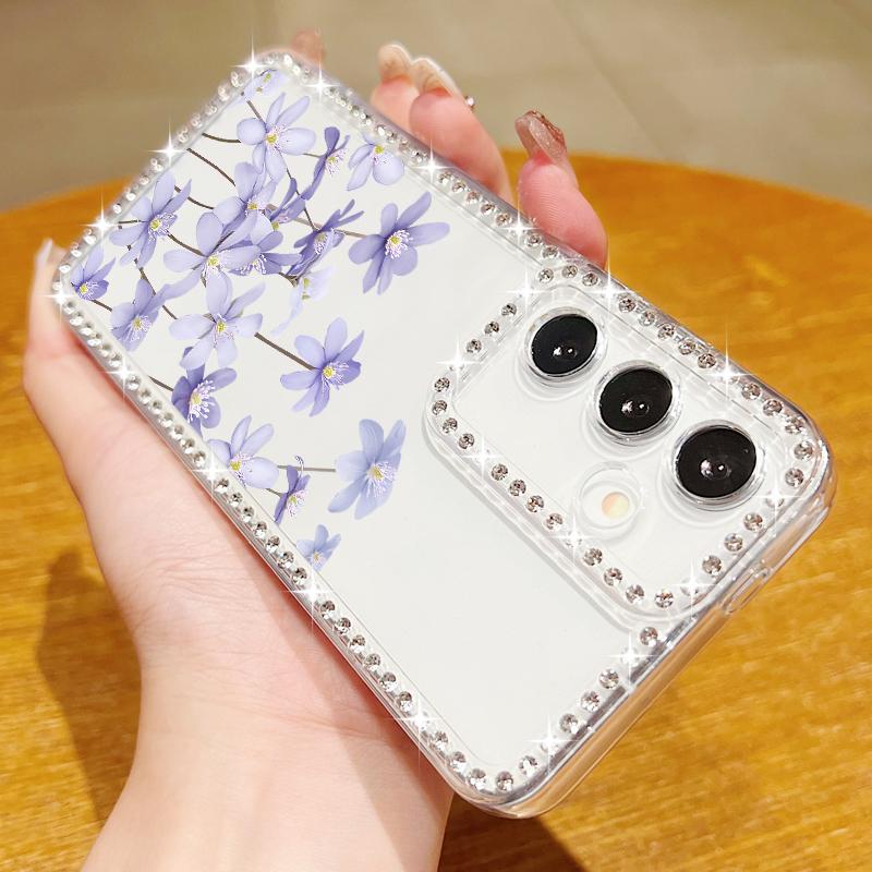 Silver Rose Flowers Diamond Case For Samsung Galaxy S25 Edge S24 Ultra S23 S22 S21 FE A54 A15 A35 A55 A16 A26 A36 A56 5G Capa