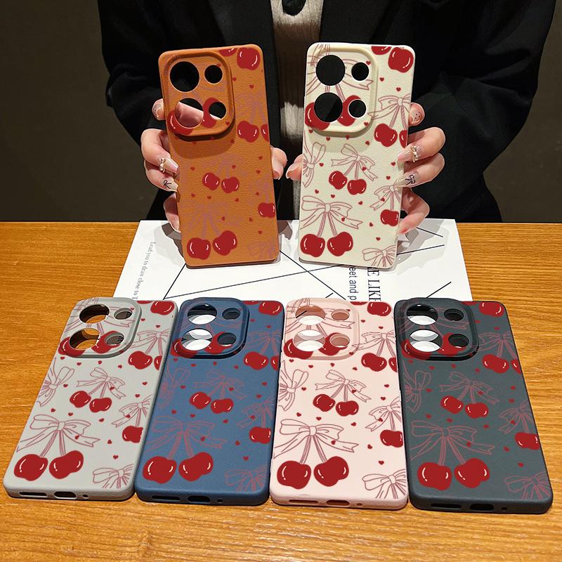 Cherry Bowknot Print Slim Soft Phone Case For Xiaomi 13T Pro Poco X7 X6 M6 Redmi 13C Note 14 13 Pro 12 11 Matte TPU Leather Texture Shockproof Cover