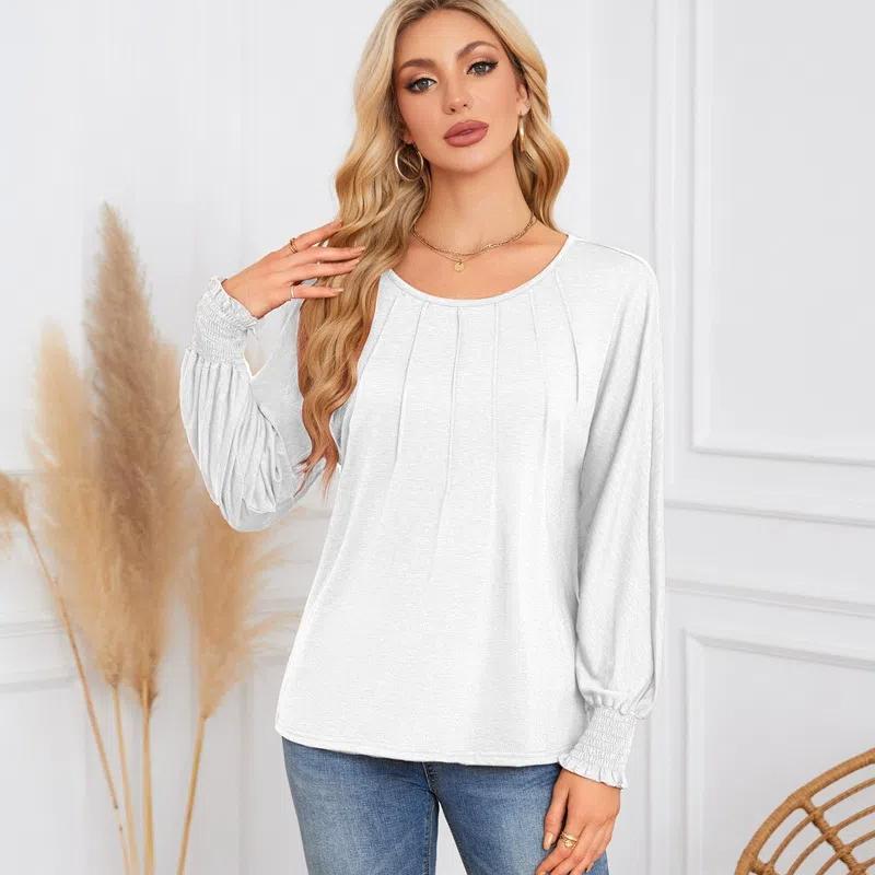 2026 New Women's Pleated Long Sleeve T-Shirt, Round Neck Casual Solid Color Blouse for Autumn Winter