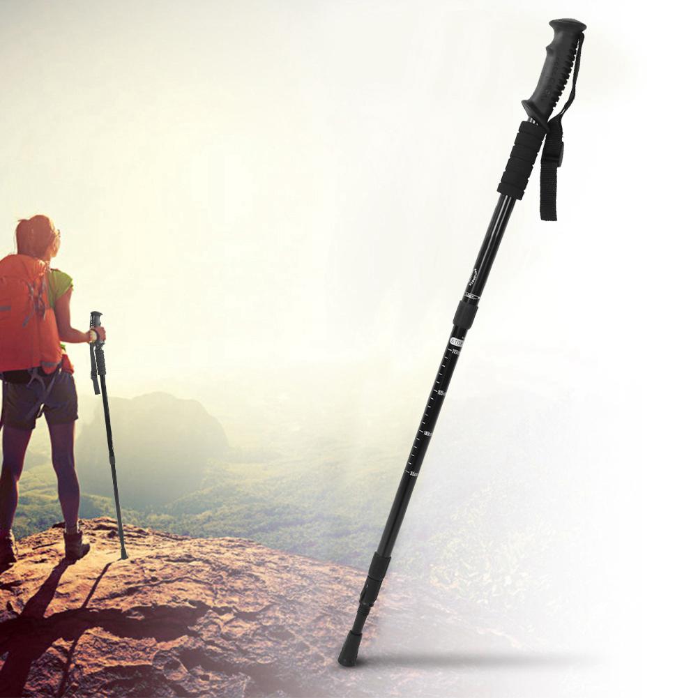 Outdoor Travel Four Section Straight Handled Trekking Pole Hiking Mountaineering Walking Stick(Black )
