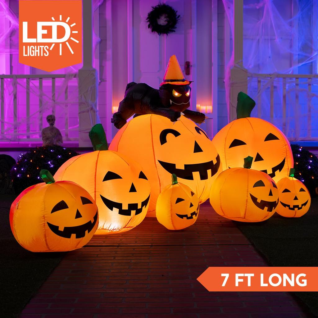 7 Ft Spooky Holiday Inflatable Extended Pumpkin Featuring Witch's Cat Decorations Inflatables Featuring Build-in LEDs Spooky Holiday Decor