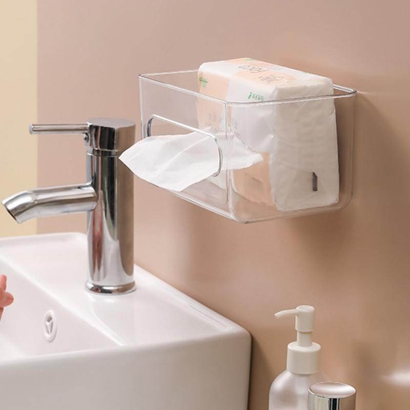 Acrylic Wall-mounted Tissue Box Punch-free Bathroom Toilet Face Towel Roll Paper Multi-functional Storage Roll Holder