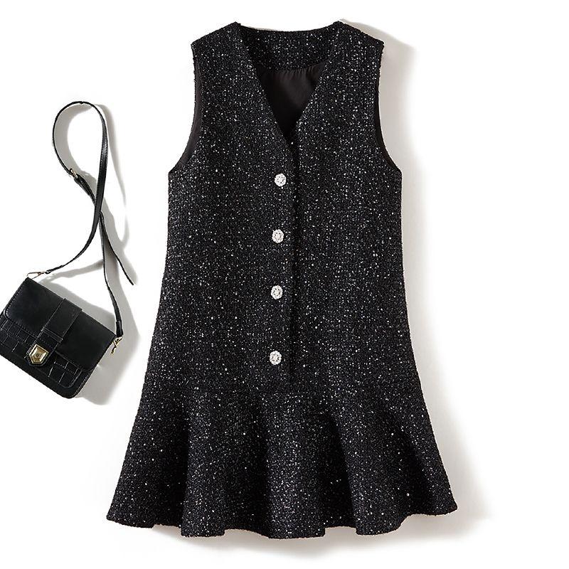 

Welfare Sweet Beauty Winter Base Skirt! V-neck Single Row Pearl Buckle Fishtail Craft Wool Dress Thick Black XL