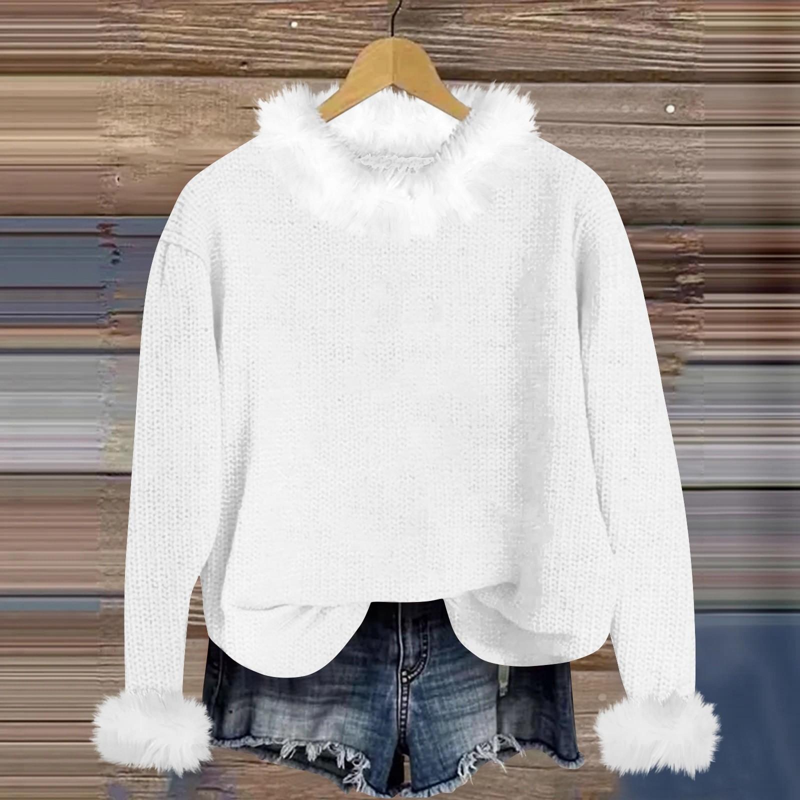 

Свитшоты для женщин Вязаный свитер Милая рубашка Осенний круглый вырез Пуловер с меховым воротником Топы XL белый