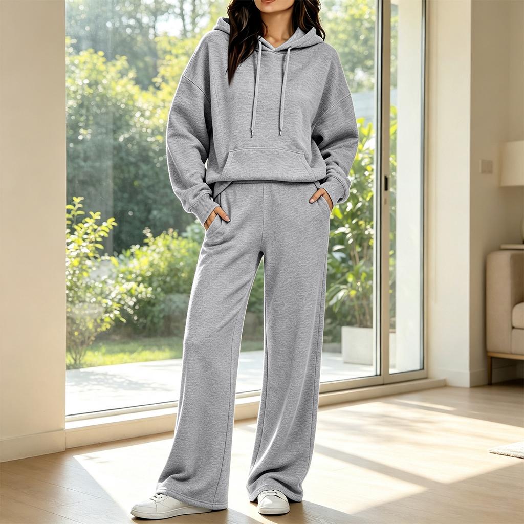 Women's Casual Hooded Sweatshirt and Pants Set with Pockets, Comfortable Outfit for Fall and Winter