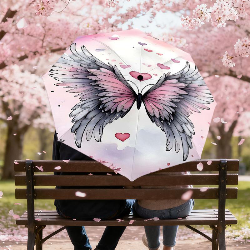 1pc Wings Hearts Automatic Open/Close Umbrella Compact Folding Umbrella with 8-Rib Shaft for Women/Men, Elegant Birthday1190S