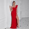 Novo vestido sexy de três dimensões com babados na borda, ombro inclinado, vestido de anfitriã com fenda alta que abraça o quadril, temperamento