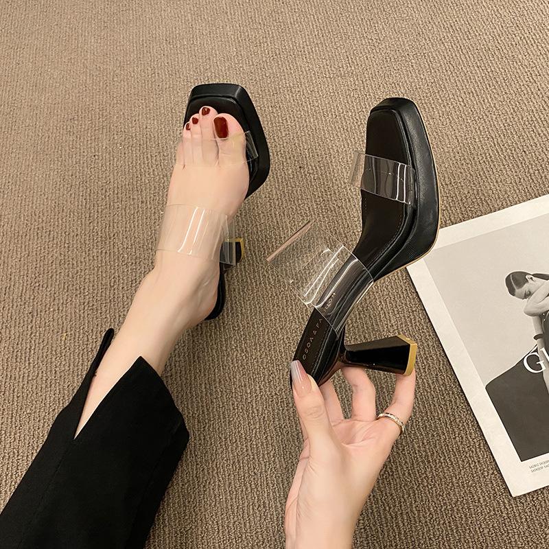 Summer new high heels women's thick heel sandals semi-transparent word with sandals