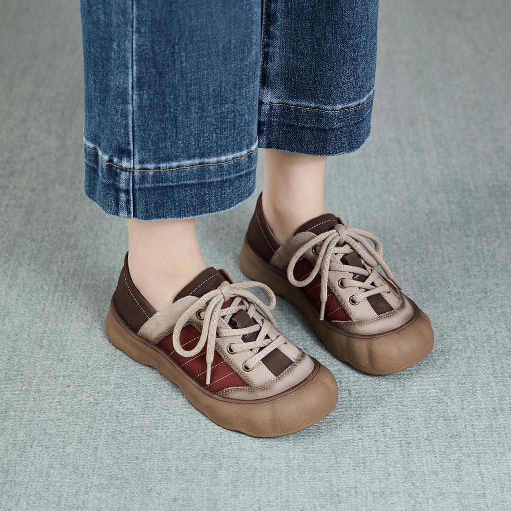 Johnature Genuine Leather Mixed Colors Casual Shoes Versatile Soft Soled Lace-up Flat Women's Shoes