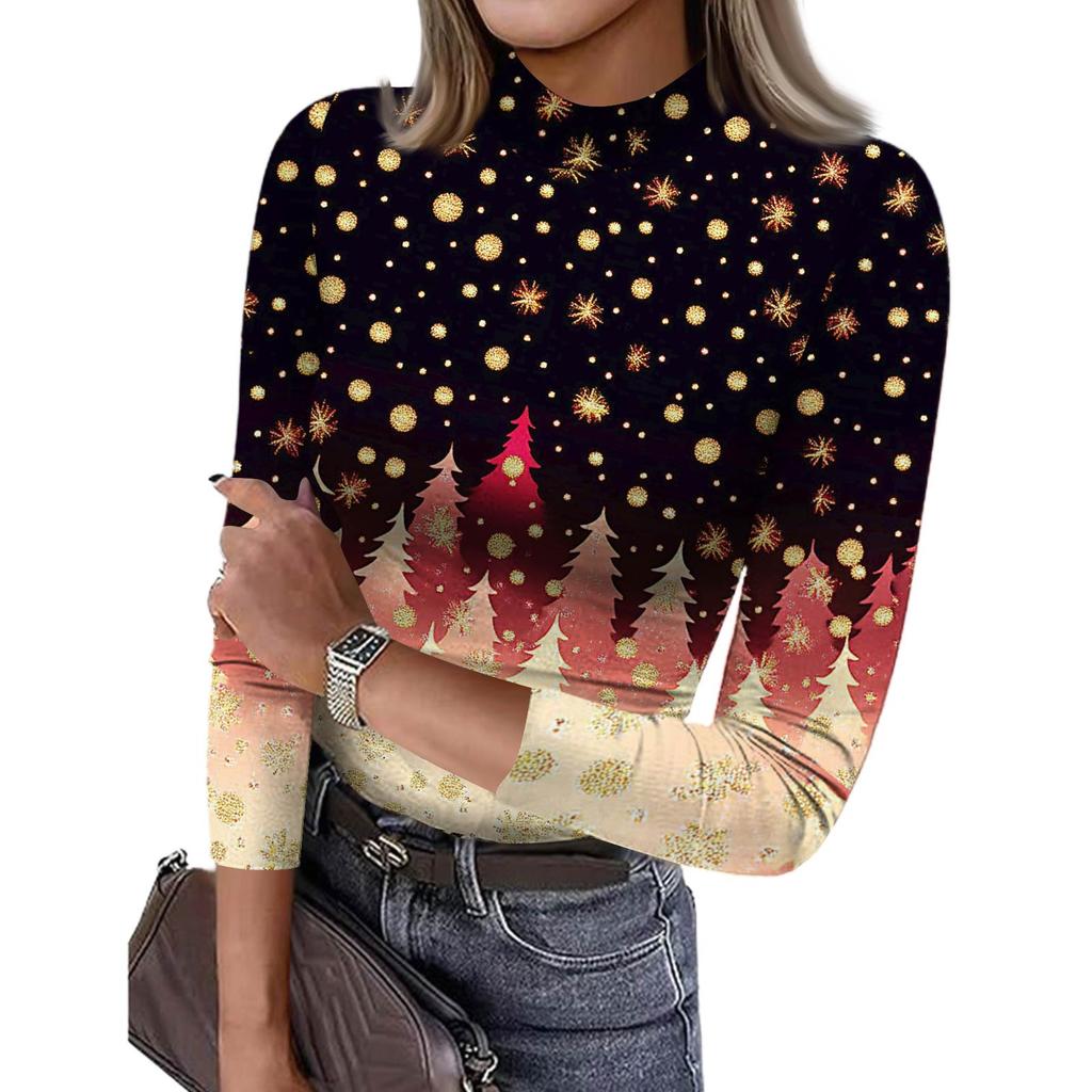 Damen Slim Bottom T-Shirt Mode Lässig Farbverlauf Druck Rundhals Pullover 3/4 Ärmel Top