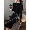 Vestito lavorato a maglia da donna, nuovo autunno inverno, sottile, con lacci, manica lunga, gonna con fondo in maglia, elegante, moda, ufficio, vestidos femminili