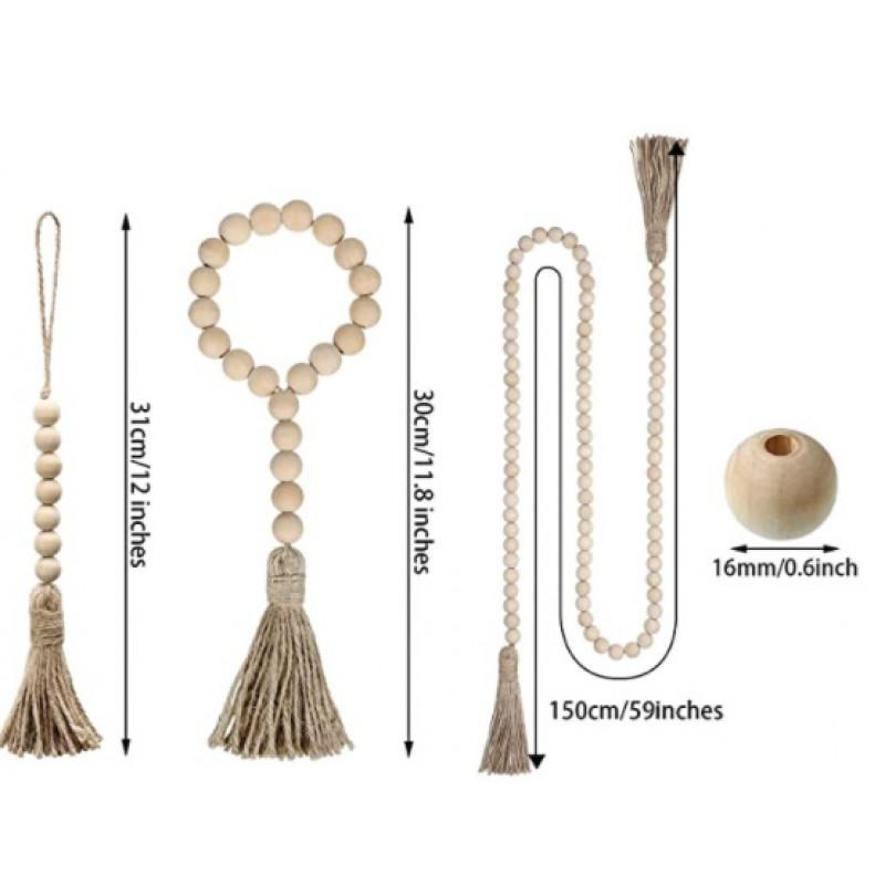 Handmade Wooden Bead Garland With Hemp Rope Tassel Wall Hanging Decor Home Wedding Party Christmas