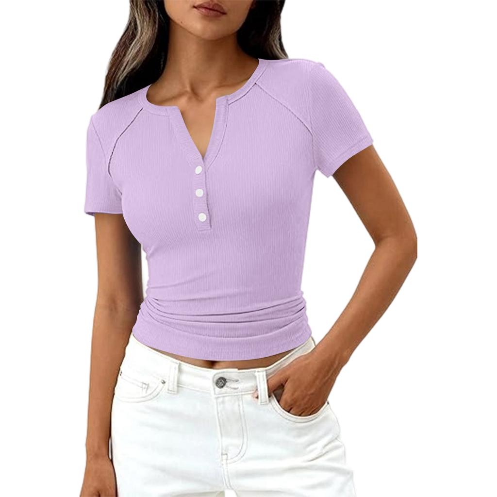 Haut T-shirt Décontracté Mode Femme Couleur Nouvelle Manches Courtes Bouton Décoratif Col en V