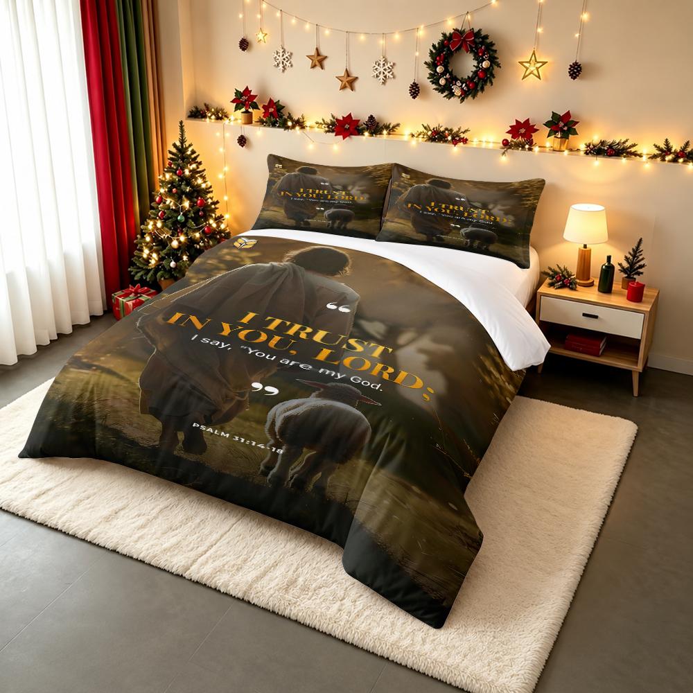 Duvet Cover Set Jesus Walking With Lamb Psalm 31 I Trust In You Lord Golden Forest Warm Light Christian Religious Art Print for Adult Room Decor