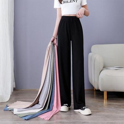Damenhose aus weicher Eisseide mit weitem Bein und hoher Taille, lockere und bequeme Freizeithose mit geradem Bein, geeignet für den Außenbereich, schwarze Hose