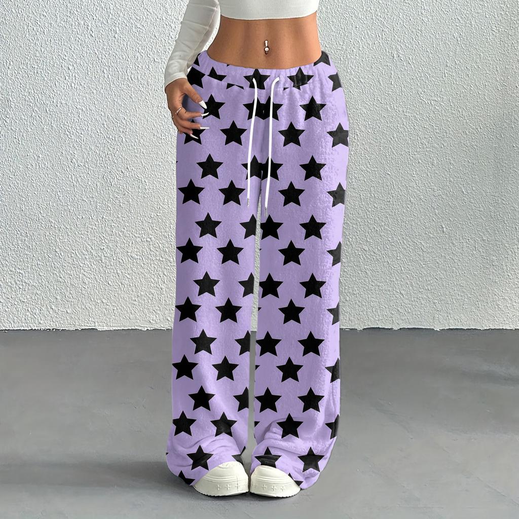 Women's Casual Fashion Printed Elastic Waist Loose Straight Leg Pants With Rope