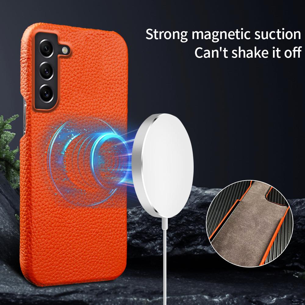For Samsung Galaxy S21 FE 5G Litchi Texture Magnetic Case Genuine Cow Leather Coated PC Shockproof Phone Cover