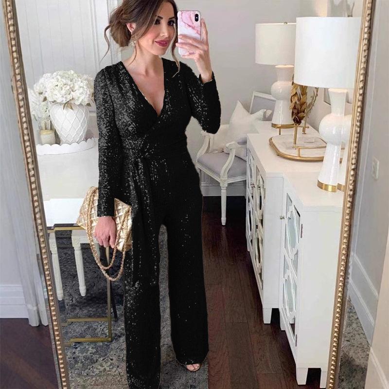 

2025 Autumn European & American Fashion V-neck Sequin Waist-cinching Jumpsuit L чёрный