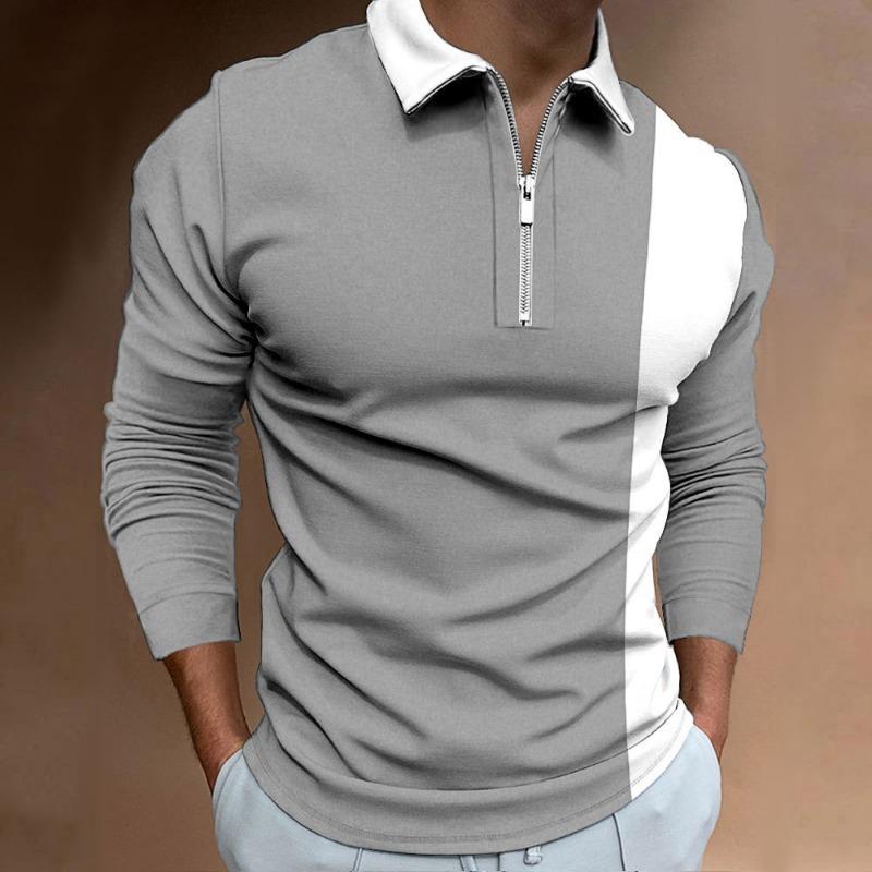 Men's Long Sleeve Color Block Stylish Lapel Long Sleeve Stitching Stylish POLO Shirt