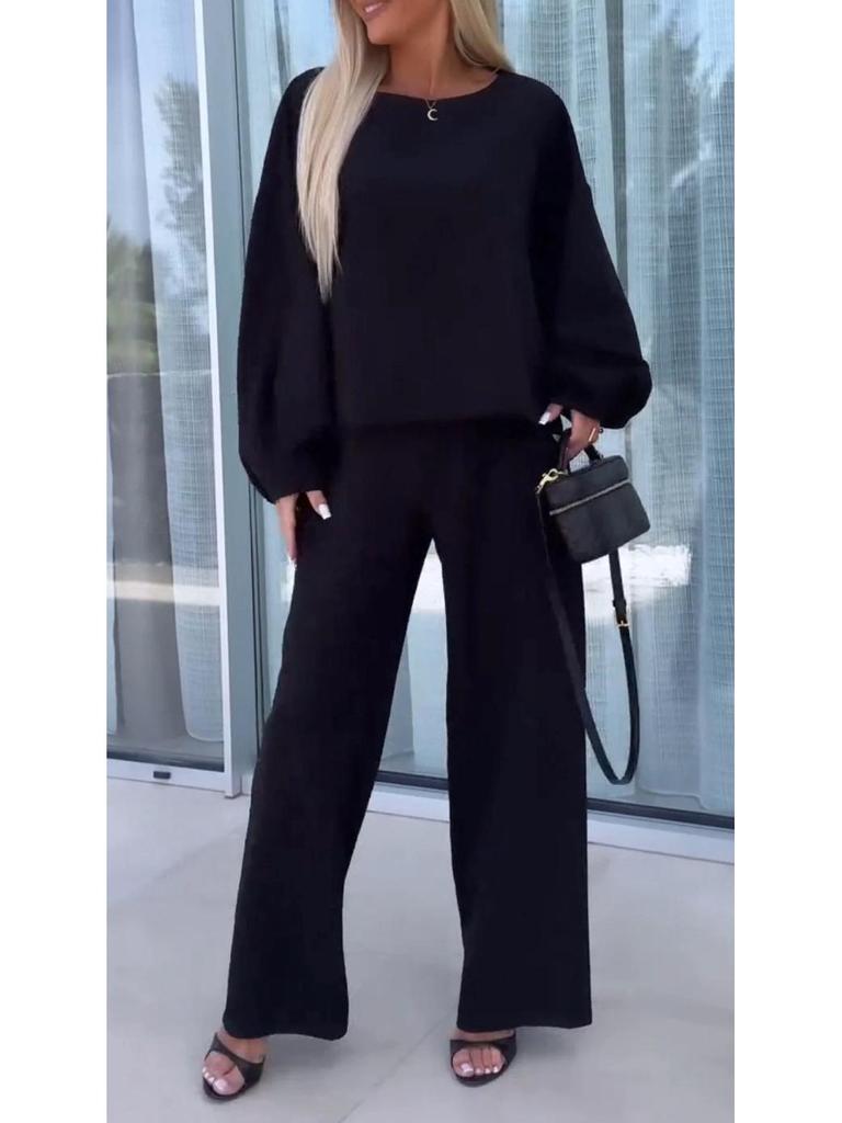 Autumn 2025 Women's Solid Color Round Neck Two-Piece Set with Long Sleeve Top & Elastic Waist Pants