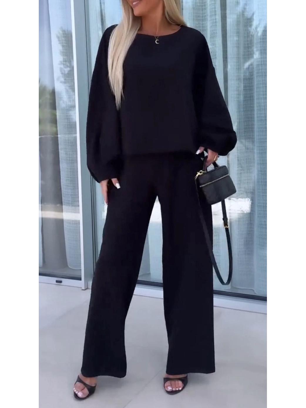 

Женский осенний комплект однотонных брюк с круглым вырезом и длинными рукавами, эластичной талией M чёрный