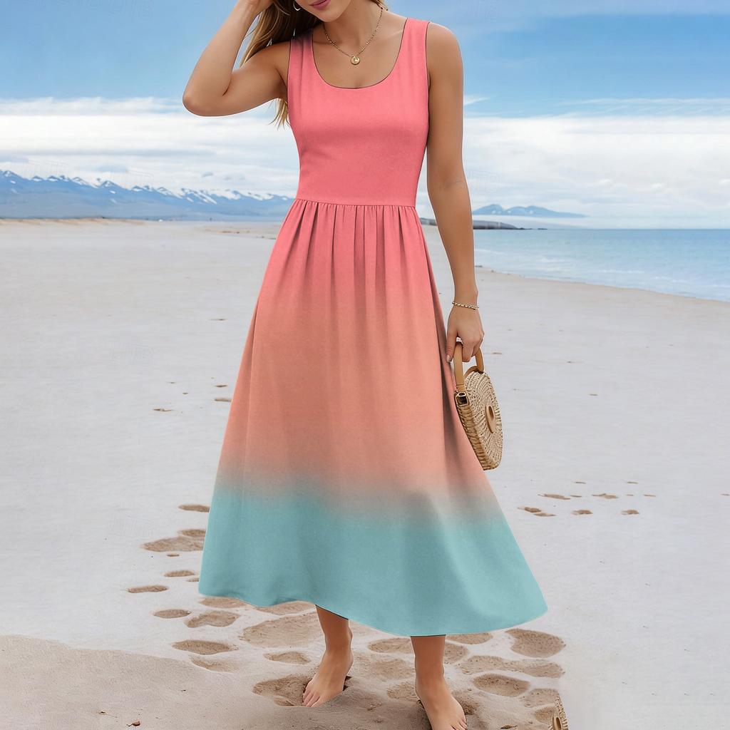Ladies' Gradient Printed Summer Casual and Fashionable Sleeveless Long Dress