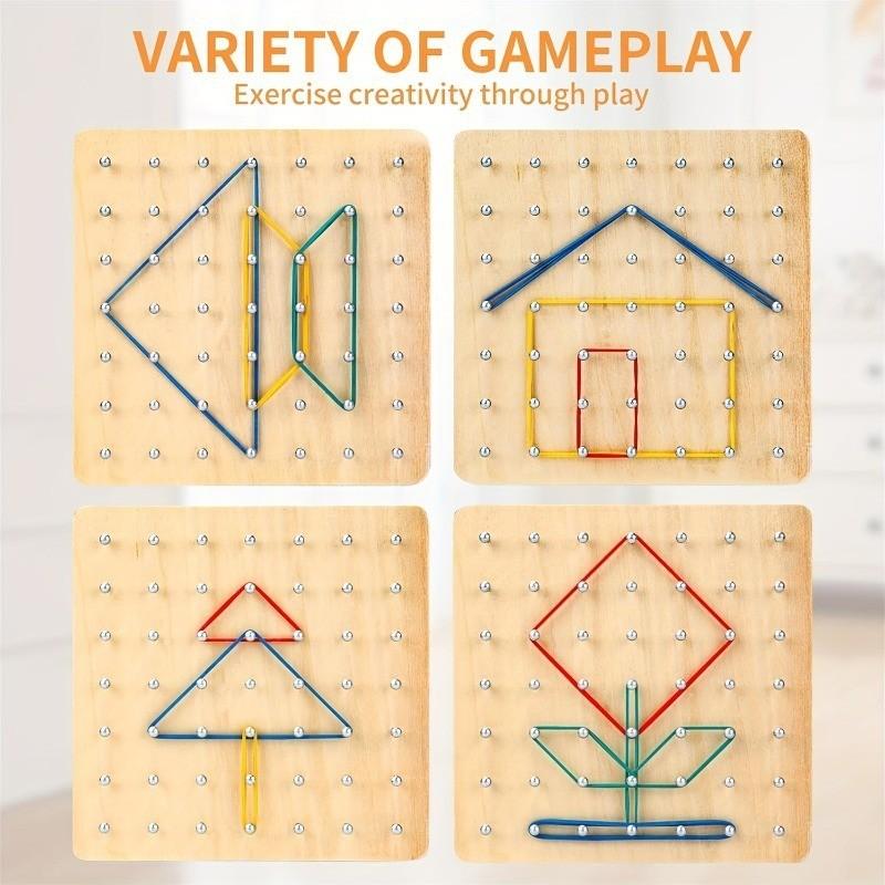 Creative Thinking Geometric Board Set with Pattern Cards Rubber Bands Educational Wooden Stacking Sorting Toy Math