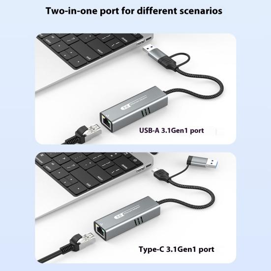 USB/Type-C to Ethernet Adapter 5000Mbps High Speed Dual Interface Universal Ethernet Adapter