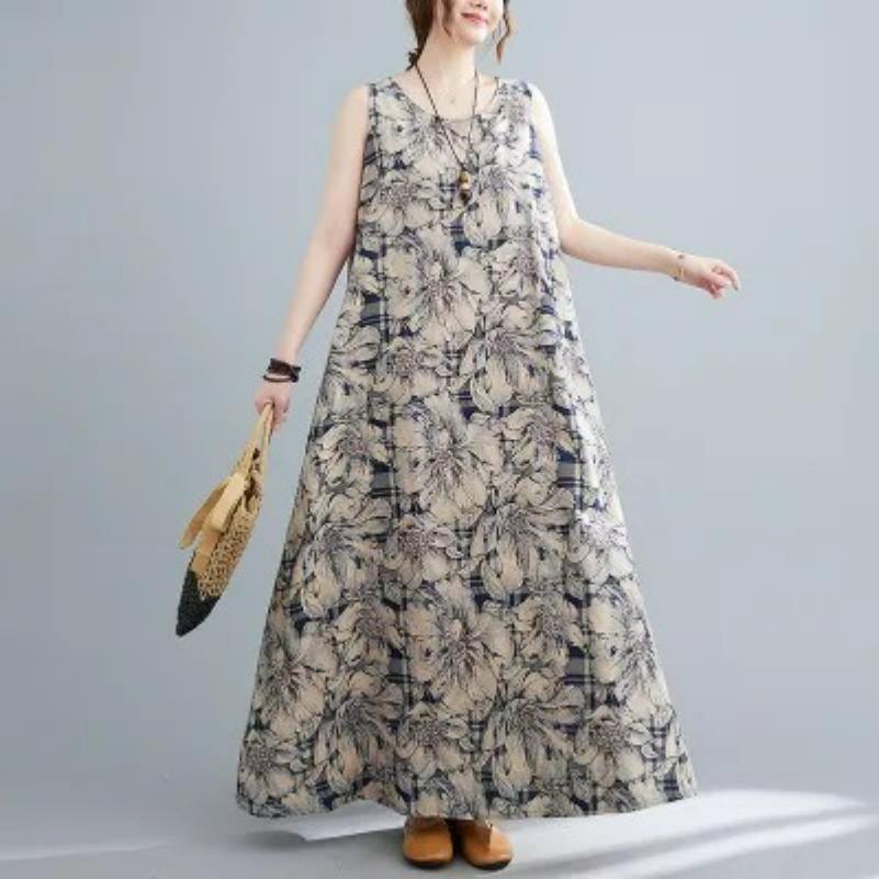 Long Skirt Plus Size Women's Summer Retro Ethnic Style Loose Printed Sleeveless Cotton and Linen Long Pullover Vest Dress