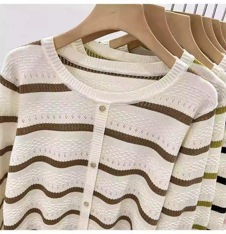 Korean Style Striped Hollow Loose Knit Sweater for Women – 2026 Long Sleeve Lightweight Inner Layer