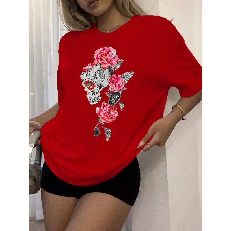 Plus Size Artistic Skull And Rose Print Casual Chic Tee